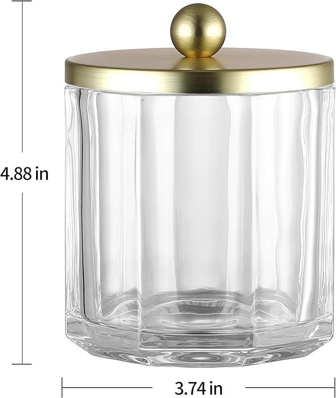 Home Glass Cotton Jar Holder Matte Gold Lid, Elegant Bathroom Storage Canister for Qtips, Cotton Balls, Floss, Makeup Organizer, Vanity Bathroom Organization