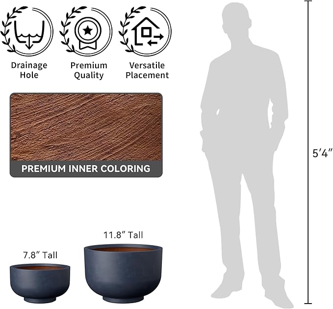 Kante 13.8 Inch Dia Concrete Bowl Planter, Large Tapered Bottom Plant Pot with Drainage, Smooth Charcoal Finish with Warm Brown Interior, Ideal for Porch, Home, Garden, Patio