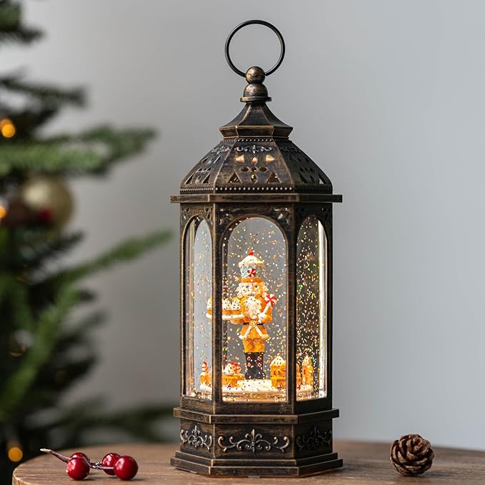 Animated Gingerbread Nutcracker with Moving Figurines Lighted Water Lantern, USB Lined/Battery Operated Snow Globe for Christmas Festival Decoration Gifts