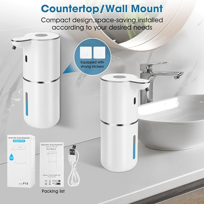 2 Pack Automatic Soap Dispenser,Upgraded 2025 Automatic Liquid Soap Dispenser Touchless,12.8oz USB Rechargeabled Wall Mounted Smart Soap Dispensers for Bathroom Kitchen(White,P18)