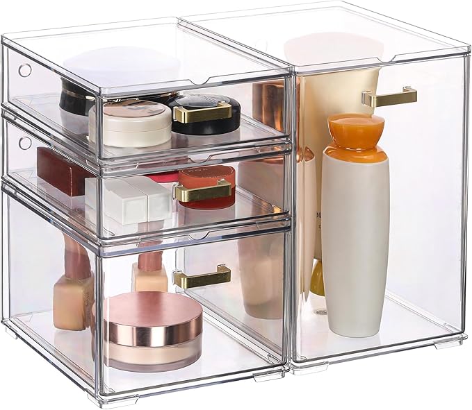 4Pack Stackable Storage Drawers, Clear Plastic Organizer Bins for Bathroom and Office Organization, Perfect for Cosmetic, Beauty Supplies, Accessories