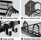 Corner Shower Caddy, 2 Pack Adhesive Shower Corner Organizer Shelves, No Drilling Stainless Steel Shower Storage Rack with Hooks&Toothpaste Holder for Bathroom, Dorm and Kitchen