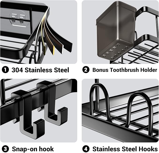Corner Shower Caddy, 2 Pack Adhesive Shower Corner Organizer Shelves, No Drilling Stainless Steel Shower Storage Rack with Hooks&Toothpaste Holder for Bathroom, Dorm and Kitchen