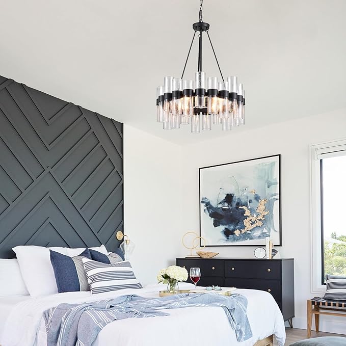 Dia 24 Inch Black Modern Chandelier for Dining Room, Glass Chandeliers for Bedroom, 4-Light Rustic Chandeliers, Large Pendant Light for Living Room Foyer Entryway