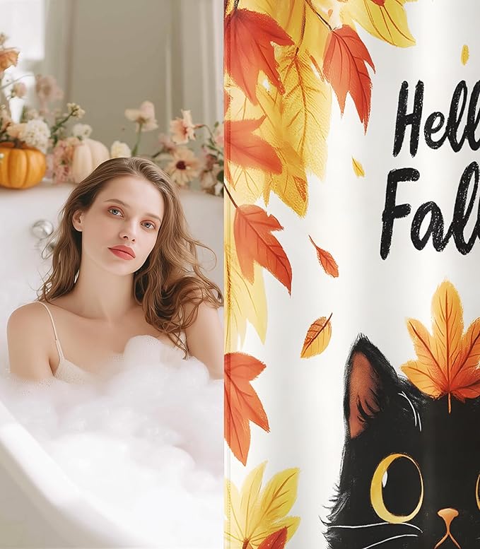 MAMUSE Fall Shower Curtain for Bathroom Stall Cute Decorative Waterproof Unique Design TeenWomen Cortinas de Baño Bathtub 72 x72 Inch, Cat Leaves