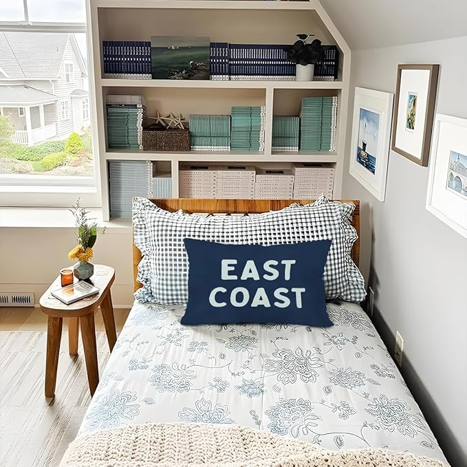 Coastal Throw Pillow Cover 12x20, Navy Blue Preppy East Coast Coquette Decor for Girls Room College Sofa Couch, Trendy Retro Dorm - Navy Blue