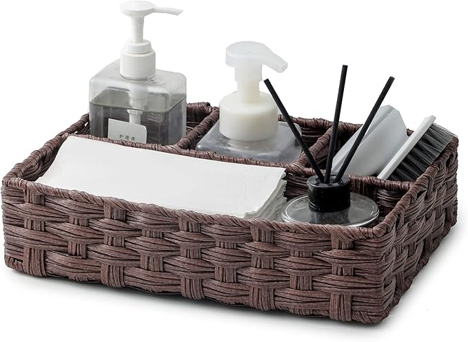 Toilet Tank Topper Paper Basket Multiuse Hand Woven Plastic Wicker Basket Bins with Divider for Shelves Rustic Farmhouse Bathroom Decor Countertop Organizer Storage