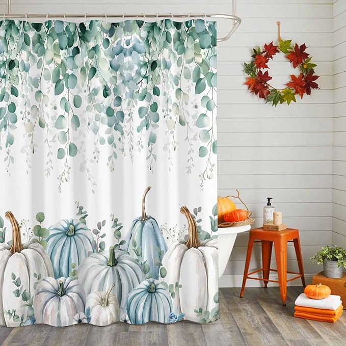 Fall Thanksgiving Shower Curtain, Teal White Pumpkin Shower Curtains Set with Hooks, Floral Sage Green Eucalyptus Leaves Waterproof Fabric Bathroom Curtains Home Accessories,72 X 84 Inch Extra Long