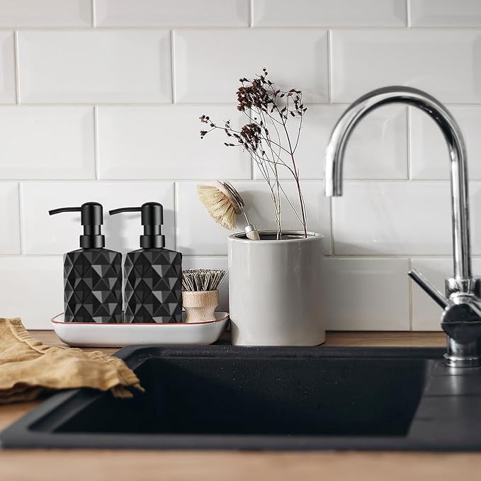 Black Glass Soap Dispenser with Pump, 11oz Diamond Design Hand Soap Dispenser, Refillable Lotion & Dish for Dishwashing Liquid, Lotion Shower Gel