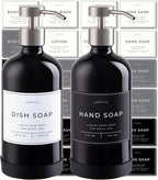16oz Glass Soap Dispenser with Stainless Steel Pump, 21 Waterproof Labels, Non-Slip Protective Silicone Pad, Set of 2 for Bathroom & Kitchen (Gloss Black Bottle/Brushed Silver Pump)