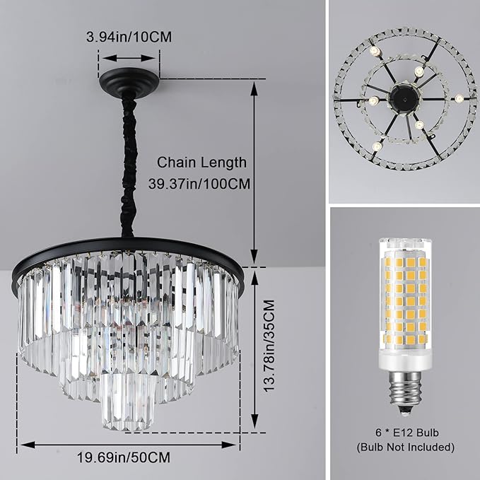 Black Modern Crystal Chandelier, 3-Tier Round Flush Mount Ceiling Light Fixtures Height Adjustable Pendant Lighting for Dining Room Living Room Bedroom Kitchen Hotel Foyer