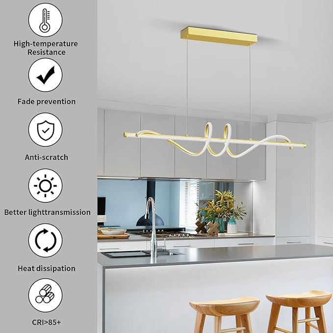 Modern LED Pendant Lights, 39in Gold Chandelier Dimmable with Remote Control 3000k-6000K Adjustable Color Temperature, Aluminum Island Lighting Lamp Fixture for Kitchen, Dining Room