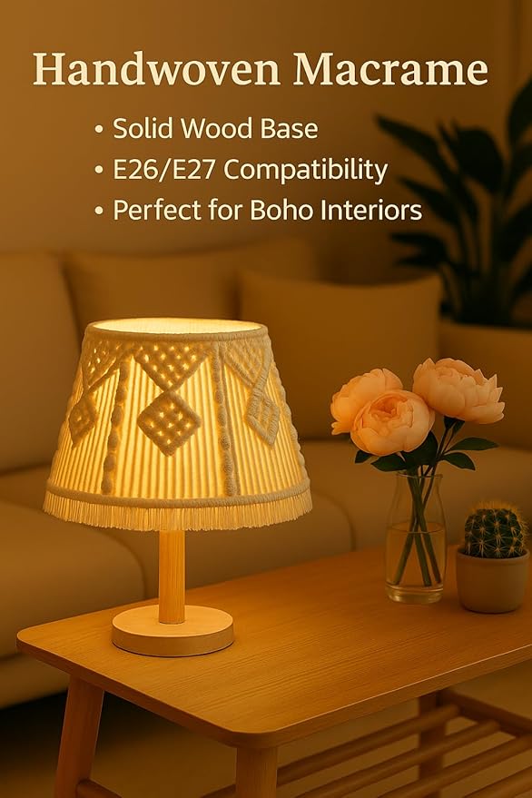 Boho Macrame Table Lamp – Handmade Bedside Light with Wooden Base, White Ivory Boho Decor for Bedroom, Living Room, Nursery – E26/E27 Compatible Nightstand Lamp – by Elvirka