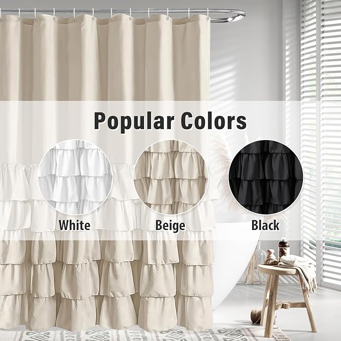 Seasonwood Beige Ruffle Shower Curtain Neutral Shower Curtain Button Design Farmhouse Country Style Rustic Decorative Fabric Shower Curtains