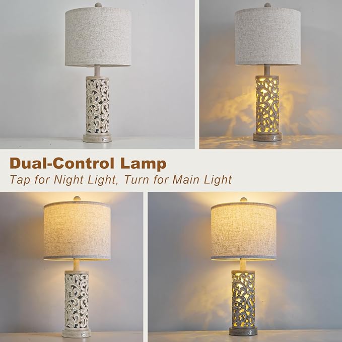 22" Dual Light Table Lamps Set of 2, Touch Lamp with 3-Level Dimming, Lamps for Bedroom with USB A+C Charging Ports, Farmhouse Lamps for Living Room and Night Stands