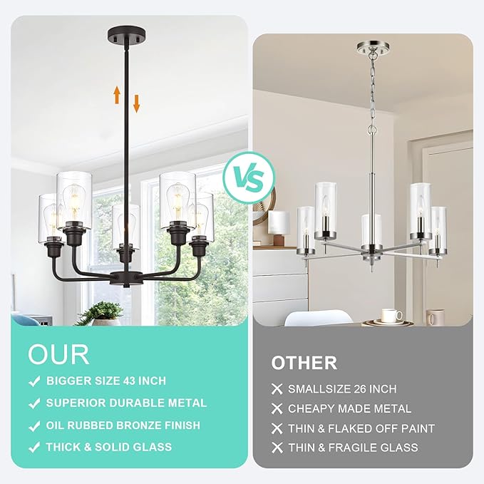 VINLUZ 5-Light Oil-Rubbed Chandelier with Clear Glass Shades, E26 Base Modern Pendant Light Fixture, Adjustable Swivel Heads Ceiling Lighting, Farmhouse Chandelier for Dining Room Kitchen Hallway