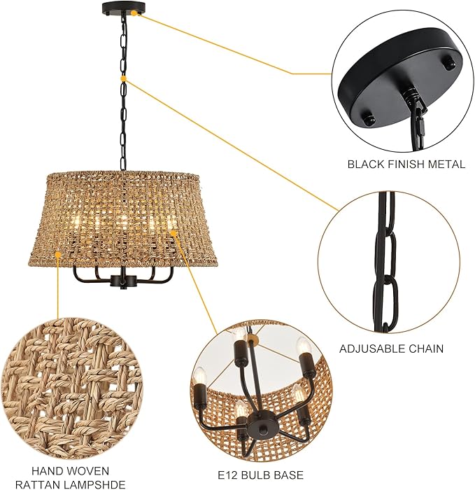 Hand-Woven Rattan Chandelier Vintage Farmhouse Boho Bamboo Chandeliers Light Fixture Retro Drum Wicker Rattan Black Chandelier for Dining Room, Kitchen, Living Room