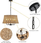 Hand-Woven Rattan Chandelier Vintage Farmhouse Boho Bamboo Chandeliers Light Fixture Retro Drum Wicker Rattan Black Chandelier for Dining Room, Kitchen, Living Room