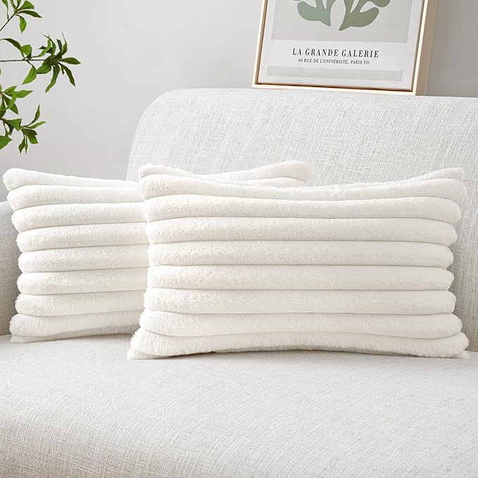 MIULEE Faux Fur Lumbar Christmas Decorative Throw Pillow Covers 12x20 Inch Set of 2, Modern Spring Home Decor Soft Plush Couch Pillows Cozy Fluffy Cushion Covers for Sofa Bed White