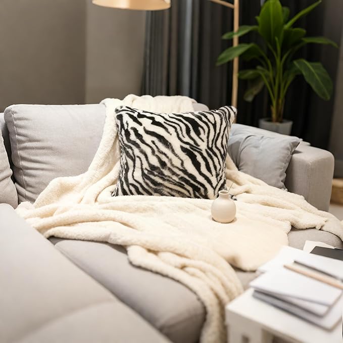 Black White Square Pillow Cover Soft Fluffy Fuzzy Faux Fur Zebra Stripe Throw Pillows Modern Decorative Accent Cushion Covers Pillowcase for Couch Sofa Living Room Bedroom, 20x20