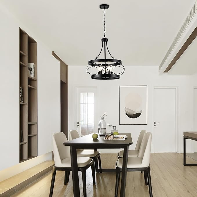5-Light Farmhouse Chandelier, 17.72" Rustic Drum Dining Room Light Fixture, Black Chandeliers Hanging Pendant Lighting, Industrial Candle Chandeliers for Living Room Kitchen Entryway Bedroom
