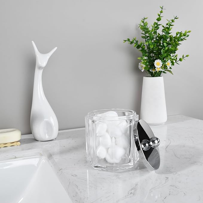 Home Glass Cotton Jar Holder with Lid, Elegant Bathroom Storage Canister for Qtips, Cotton Balls, Floss, Makeup Organizer, Vanity Bathroom Organization