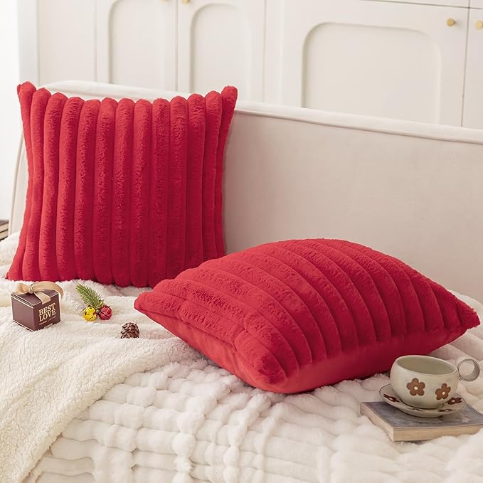 MOSAYT Christmas Faux Fur Throw Pillow Covers 18x18, Set of 2, Plush Velvet Soft Pillow Case,Fluffy Striped Decorative Couch Pillow Covers for Sofa, Bedroom, Living Room(Red)