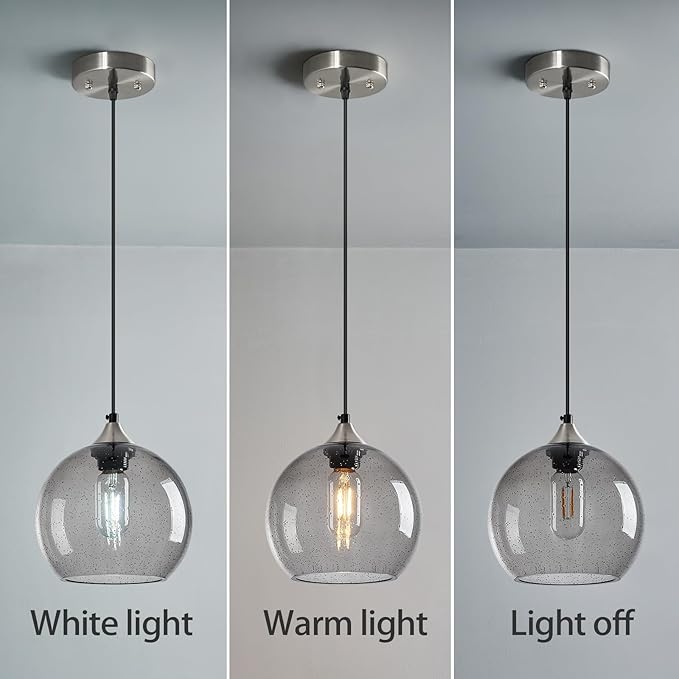 Light Grey Glass Pendant Lights Kitchen Island Lighting Globe Pendant Light Fixtures Modern Pendant Lighting for Bedroom Living Dining Room Light Fixture (7.87 in, 2 Pack)