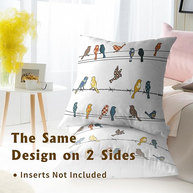 Rowley Birds Throw Pillow Covers 20x20 Set of 2 Multicolor Design Bird Boho Rustic Farmhouse Cotton Linen Square Cushion Cover Decorative Pillowcase for Home Office Couch Sofa
