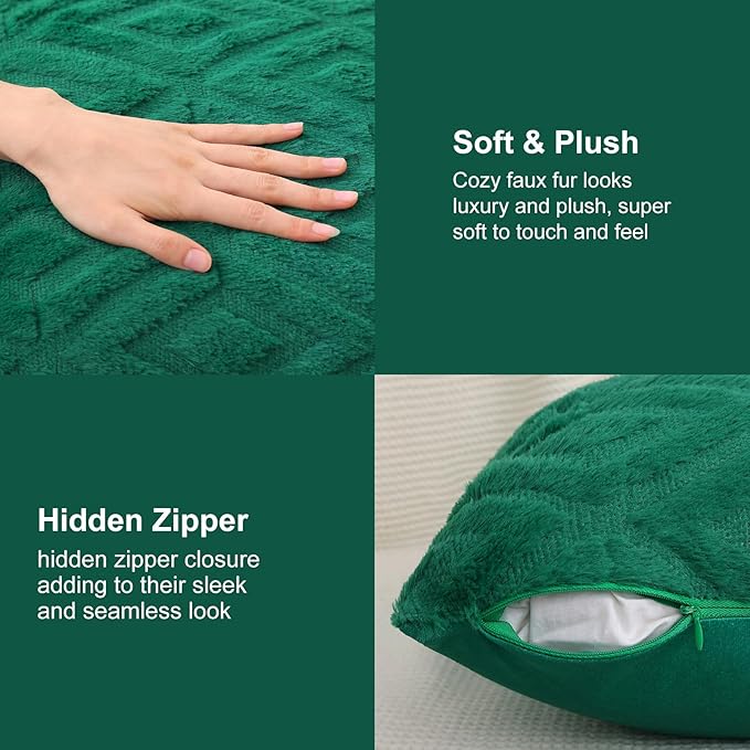 Pallene Christmas Green Throw Pillow Covers 16x16 Set of 2, Soft Plush Faux Fur Decorative Couch Pillow Covers for Sofa Bed Living Room Pillow Cases with 3D Diamond Pattern