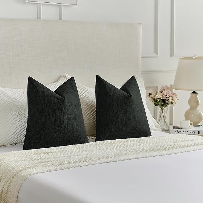 FUTEI Black Chenille Decorative Throw Pillow Covers 22x22 Inch Set of 2,Soft Cozy Faux Linen Textured Cushion Case,Farmhouse Home Decor for Couch Living Room