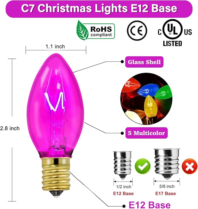 C7 Christmas String Lights-25Ft Vintage Christmas Lights with 27 Multicolor C7 Light Bulbs (2 Spare),C7 Christmas Lights Outdoor for Christmas Party Backyard Wedding- Green Wire