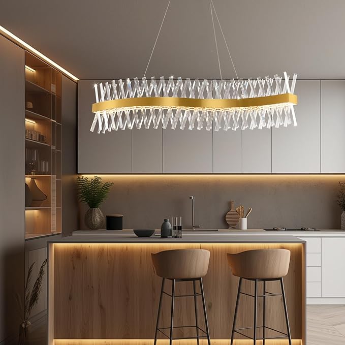 Modern Crystal Chandeliers, L47" Large Chandeliers for Dining Room Over Table, S-shape Luxurious Gold Rectangular Dining Room Chandelier Linear Kitchen Island Lighting, Dimmable Ceiling Light Fixture