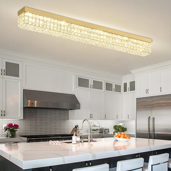 L48 Rectangular Chandelier Flush Mount Rectangle Chandelier Modern K9 Crystal Chandeliers Light Fixture for Dining Room Bedroom Bar Gold Crystal Ceiling Lights