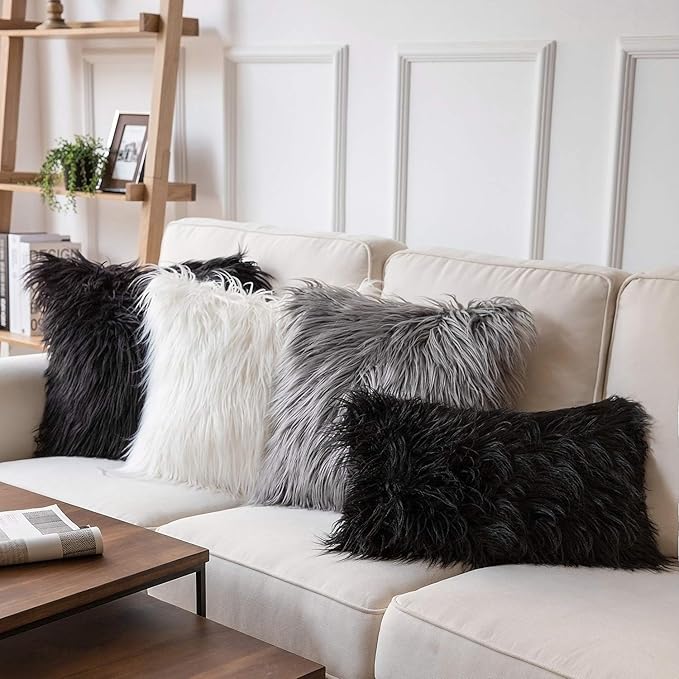 Phantoscope Pack of 2 Faux Fur Solid Throw Decorative Pillow Cover Cushion Covers Luxury Soft Decorative Pillowcase Fuzzy Pillow Covers for Bed/Couch,Black 26 x 26 Inches