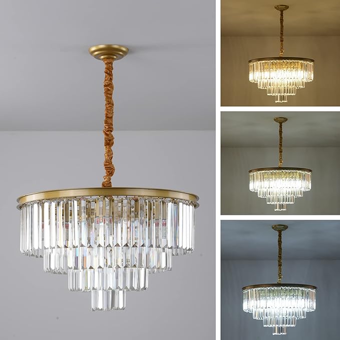 Gold Modern Crystal Chandelier, 4-Tier Round Flush Mount Ceiling Light Fixtures Height Adjustable Pendant Lighting for Dining Room Living Room Bedroom Kitchen Hotel Foyer
