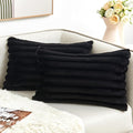 Throw Pillow Covers Decorative Faux Fur Set of 2 12x20 Inch Pillow Covers, Soft Black Lumbar Plush Striped Pillowcases for Couch Sofa Bed Living Room, Fluffy Cute Home Boho Accent Fuzzy Decor
