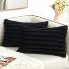 Throw Pillow Covers Decorative Faux Fur Set of 2 12x20 Inch Pillow Covers, Soft Black Lumbar Plush Striped Pillowcases for Couch Sofa Bed Living Room, Fluffy Cute Home Boho Accent Fuzzy Decor