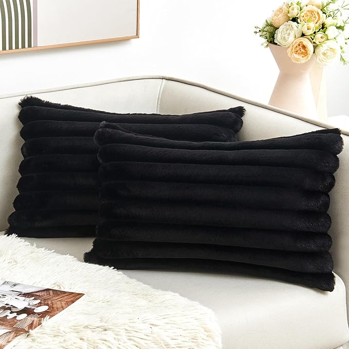 Throw Pillow Covers Decorative Faux Fur Set of 2 12x20 Inch Pillow Covers, Soft Black Lumbar Plush Striped Pillowcases for Couch Sofa Bed Living Room, Fluffy Cute Home Boho Accent Fuzzy Decor