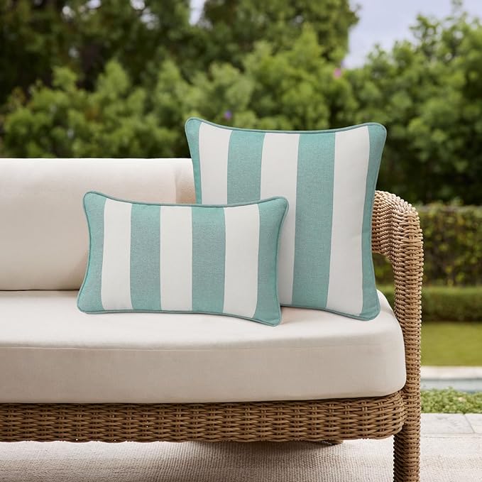 Decorative Outdoor Water Repellent Throw Pillows with Inserts, Set of 4, 20" x12" Pillows for Patio, Backyard, Bed, Couch, and Patio Furniture, Turquoise Stripe