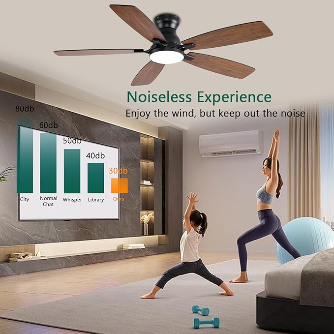52inch Ceiling Fans with Lights, Low Profile Ceiling Fan with Light and Remote/APP Control, DC Reversible Motor, Noiseless, Flush Mount, Brown Ceiling Fan for Bedroom Indoor/Outdoor Use