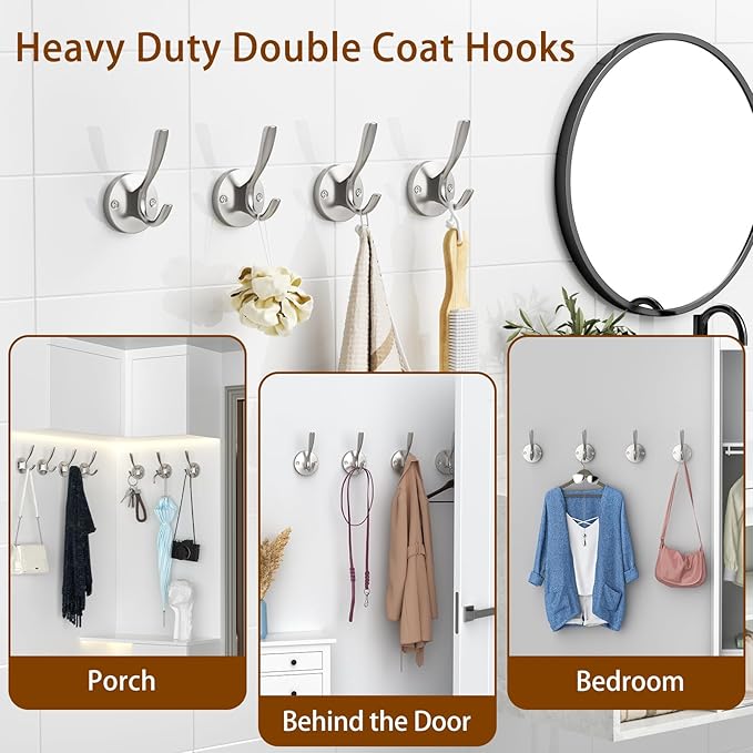 ZUONAI Towel Hooks for Bathrooms Wall Mounted 2 Pack Brushed Nickel Coat Hooks Heavy Duty Towel Wall Hooks for Coats Robes Hats Bath Entryway Cubicle Kitchen