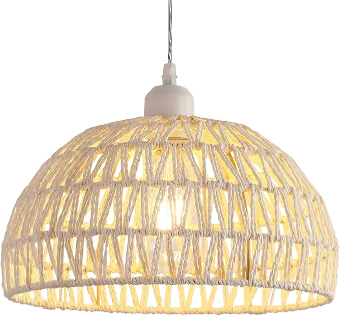Hand-Woven Rattan Wicker Boho Pendant Light,Minimalist Transitional LED Pendant Hanging Light Fixture for Kitchen Island Dining Room Restaurant Craft Room,Bulb Included W11.81 UL Listed