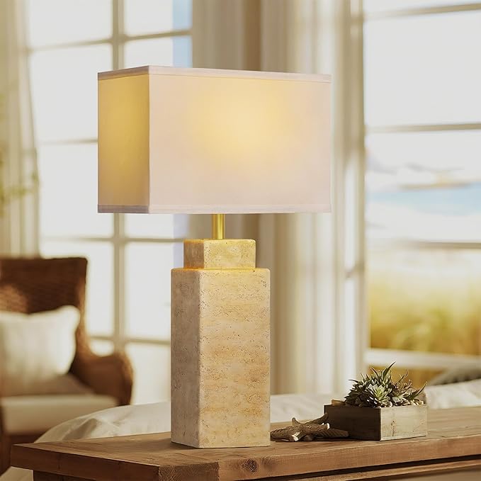 27.6" Vintage Table lamp, Farmhouse Bedside Table Lamps for Bedroom, Living Room, Dining Office, Huangdong Stone Color Lamp Base with White Linen