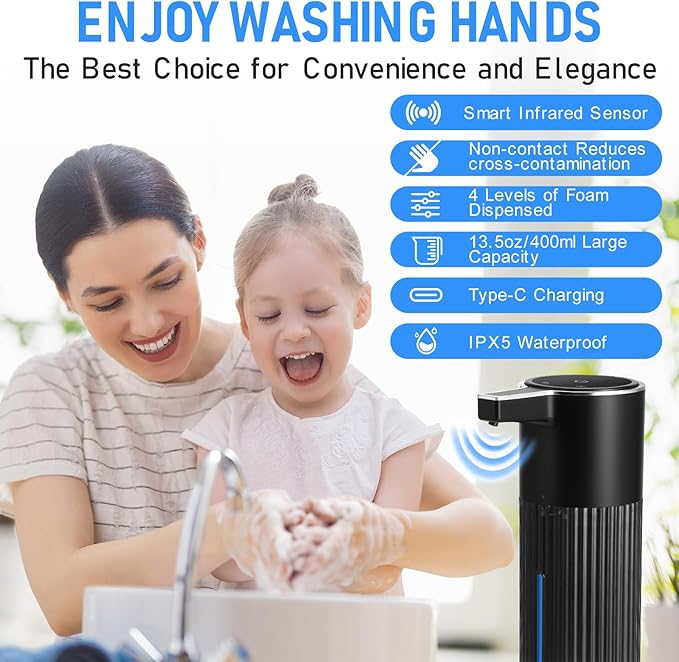 Automatic Soap Dispenser Touchless, USB Rechargeable Smart Hand Soap Dispenser, 4 Levels Adjustable, 13.5 oz/400 ml Wall Mounted for Bathroom, Kitchen (Black Foam)