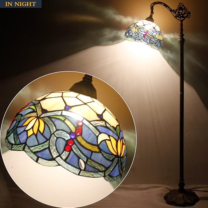 WERFACTORY Tiffany Floor Lamp Blue Lotus Flower Stained Glass Arched Lamp 12X18X64 Inch Gooseneck Adjustable Corner Standing Reading Light Decor Bedroom Living Room S220 Series