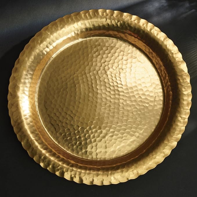 India Handicrafts 13921 Round Hammered Scallop Edge Gilded Gold 15.5 Inch Aluminum Serving Tray Platter