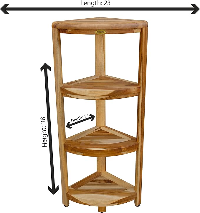 EcoDecors Corner Snazzy Corner Four Tier Natural Color Shelf Waterproof Teak Wood Shower Bench Stool Seat Chair For Inside Shower Provides Safety, Storage, and Organization For Bathroom Accessories