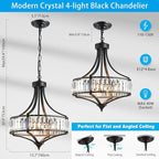 XINGQI Crystal Chandeliers for Dining Room,Modern Black Chandelier,Metal Round Shade Farmhouse 4-Light Rustic Pendant Lighting Fixtures for Hallway Bedroom Foyer