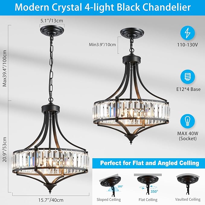 XINGQI Crystal Chandeliers for Dining Room,Modern Black Chandelier,Metal Round Shade Farmhouse 4-Light Rustic Pendant Lighting Fixtures for Hallway Bedroom Foyer